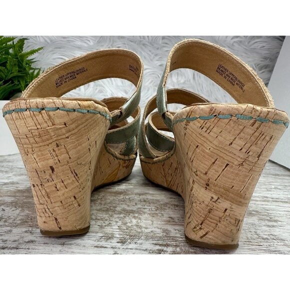 Born Zemora Slip On Leather Wedge Sandal Shoe Women's Sz 9 Green Metallic Beachy - Picture 8 of 13